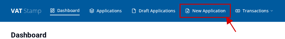 VAT Stamp dashboard with New Application highlighted in the top navigation