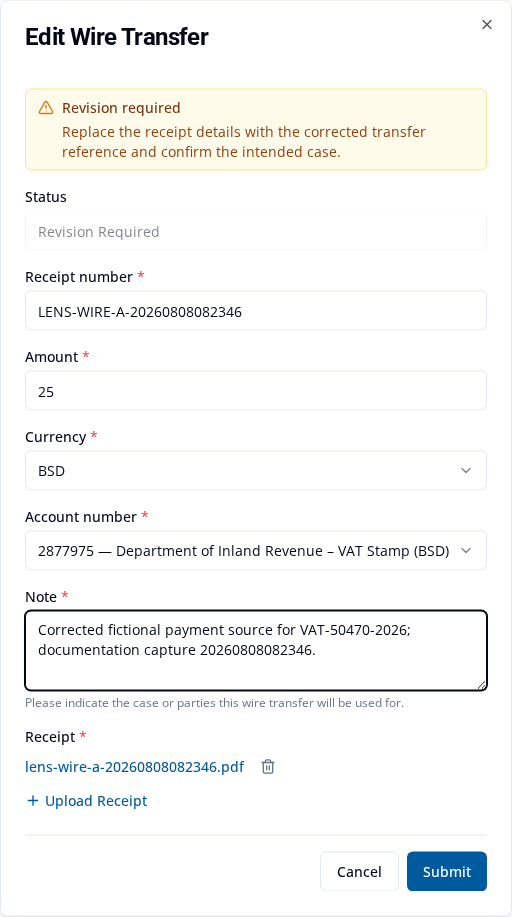 Edit Wire Transfer form with a Revision required reason, existing receipt, Upload Receipt, and Submit