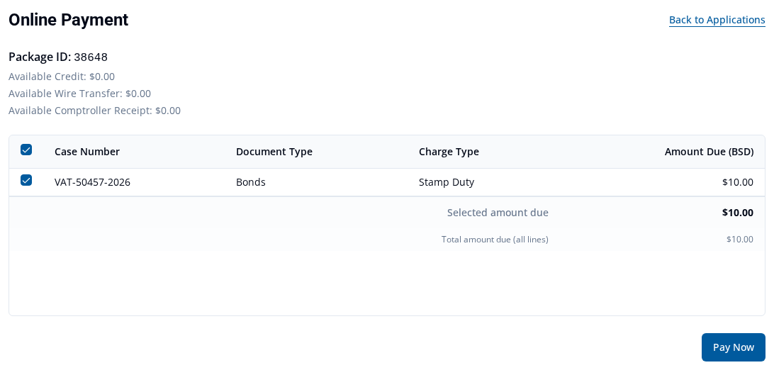 Online Payment page with a selected Stamp Duty charge, both amount-due totals, and Pay Now