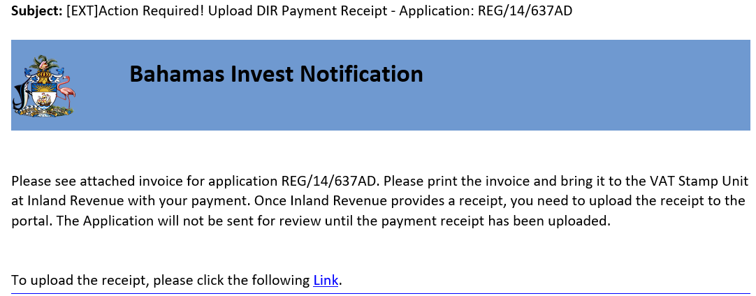 Bahamas Invest email notification with link to upload DIR Payment Receipt