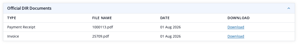 Official DIR Documents table with separate Payment Receipt and Invoice rows, file names, dates, and the Invoice Download action