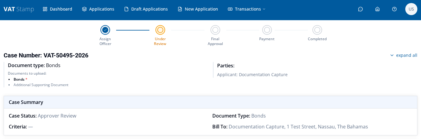 Submitted case in the read-only view, showing its progress stages and Case Summary