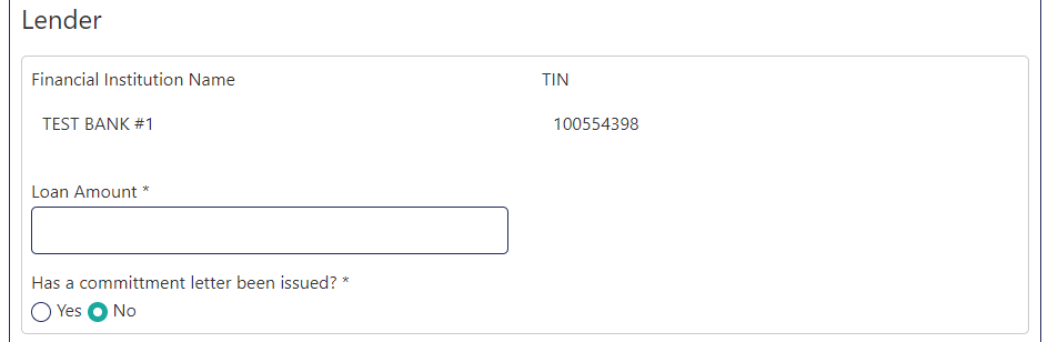 Lender section showing Financial Institution Name, TIN, Loan Amount, and commitment letter question