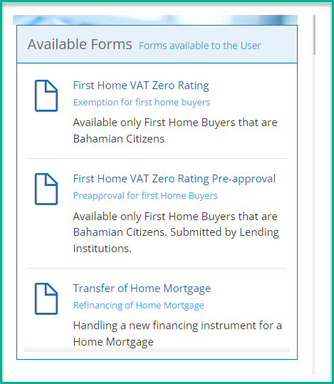 Available Forms listing showing First Home VAT Zero Rating, Pre-approval, Transfer of Home Mortgage, and Inter Vivos Gift
