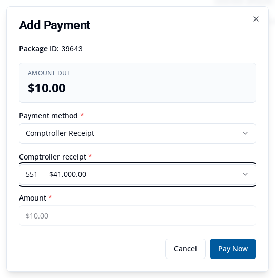 Add Payment with Comptroller Receipt selected, source 551 with a $41,000.00 balance, an automatic $10.00 amount, and Pay Now