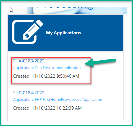 My Applications section showing previously submitted applications