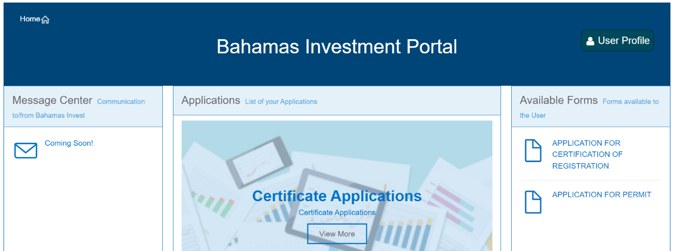 Bahamas Investment Portal home page showing Message Center, Applications, and Available Forms panels